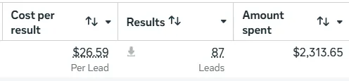 Advertising results showing 87 leads at $26.59 per lead