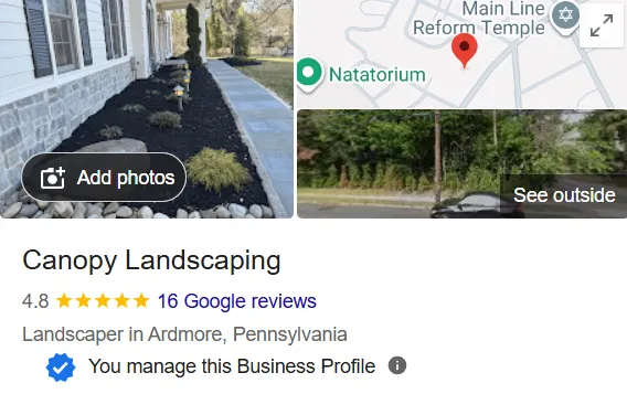 Canopy Landscaping Google Business Profile showing a 4.8 rating