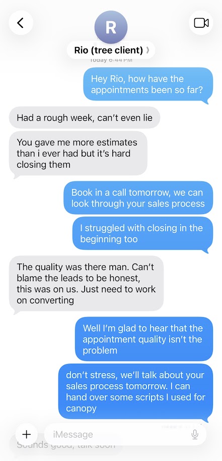 Client message confirming strong lead and appointment quality