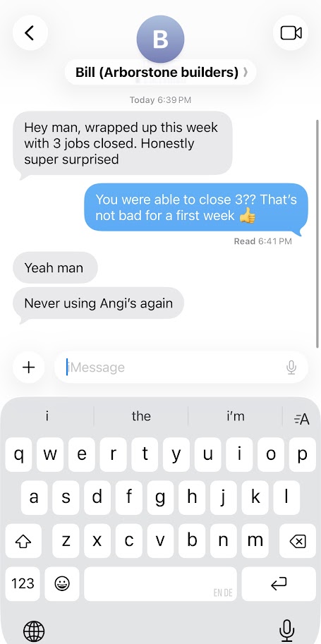 Client message reporting three jobs closed in the first week